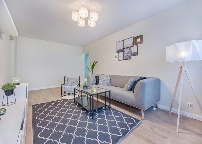 Sleek and stylish living room with modern furniture and minimalist decor in a contemporary apartment.